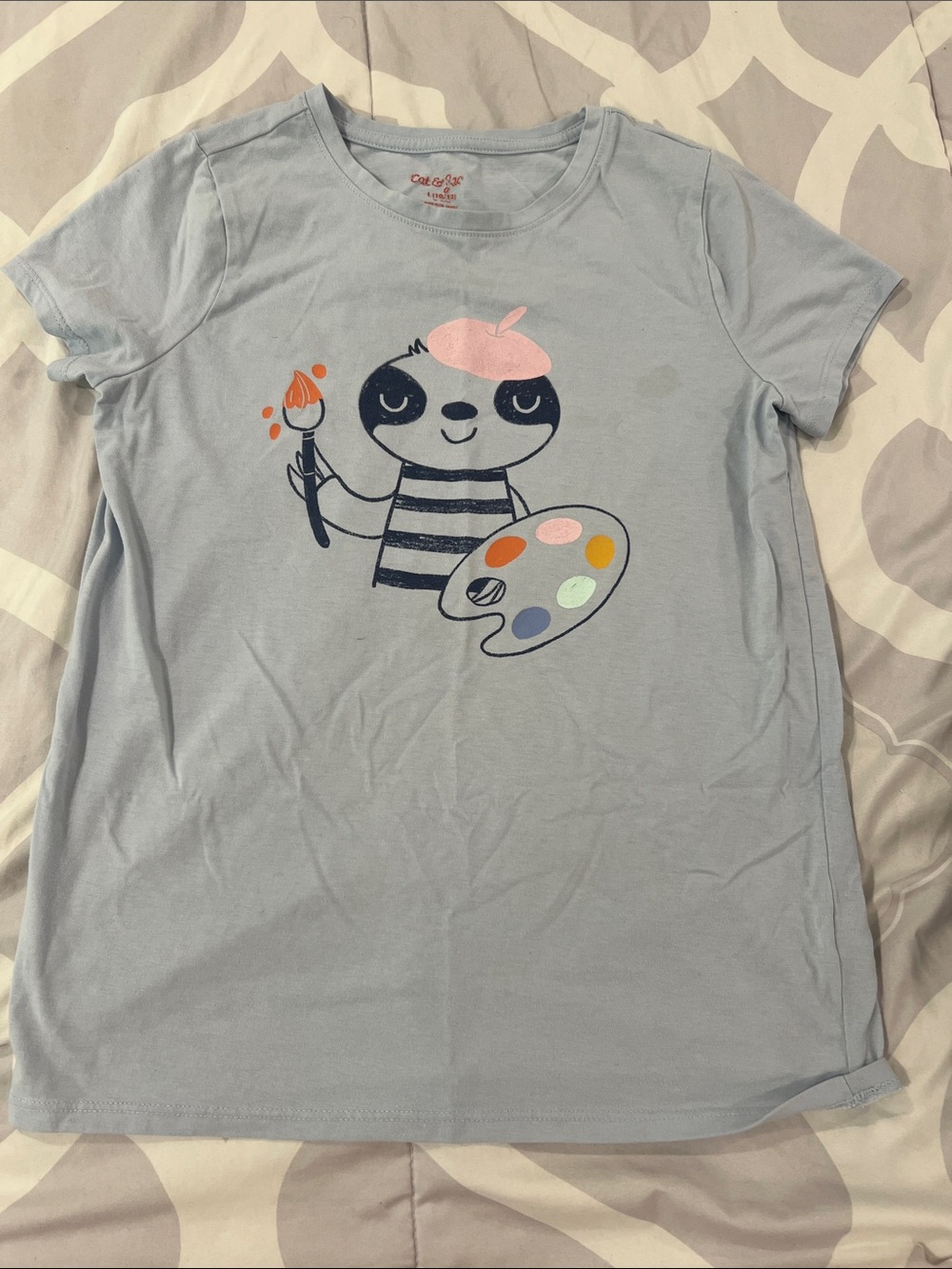 Cat & Jack Light Blue Sloth Artist Tee with Pink Beret